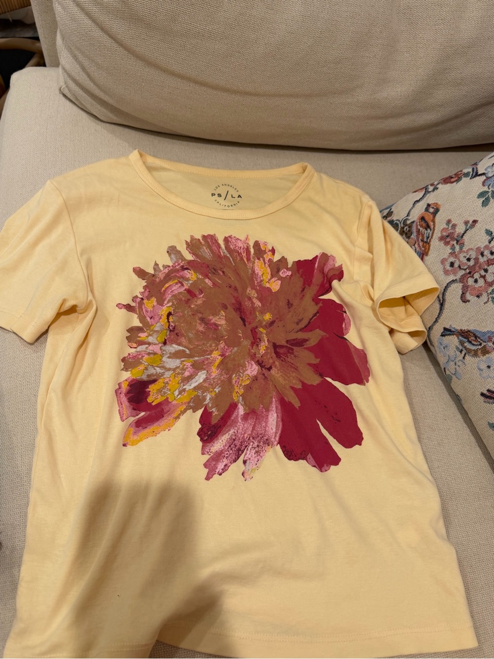 PacSun Yellow Tee with Pink & Brown Floral Graphic